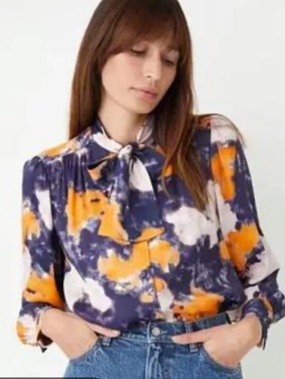 & Other Stories Women’s Purple Yellow Watercolor Neck Bow Tie Blouse